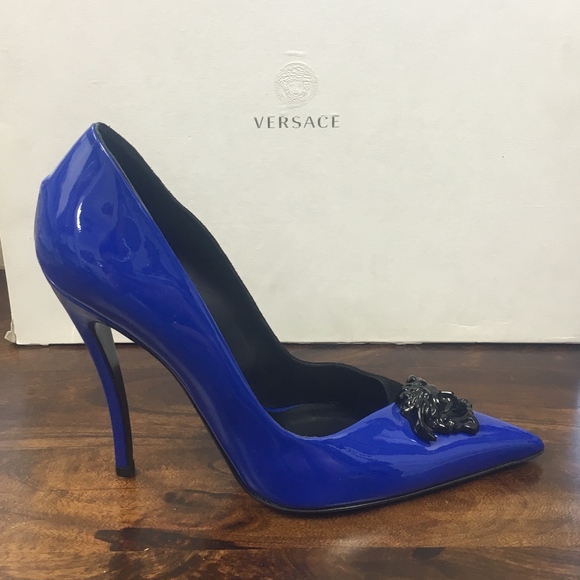 Versace Shoes - Versace Blue Patent Leather Suede Medusa Pumps